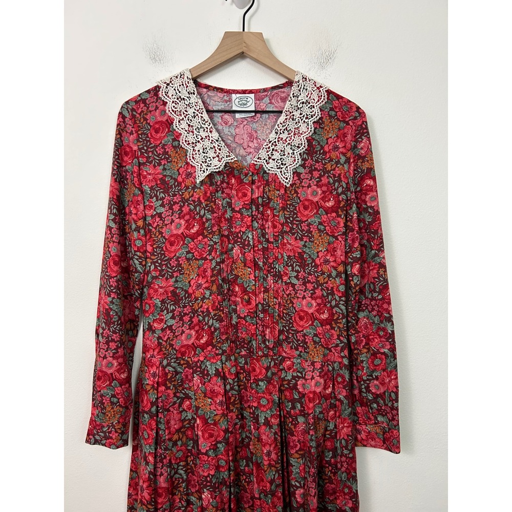 Laura Ashley Vintage Floral Lace Collar Midi Dress Red Wool Blend Sie 4 - Picture 3 of 11